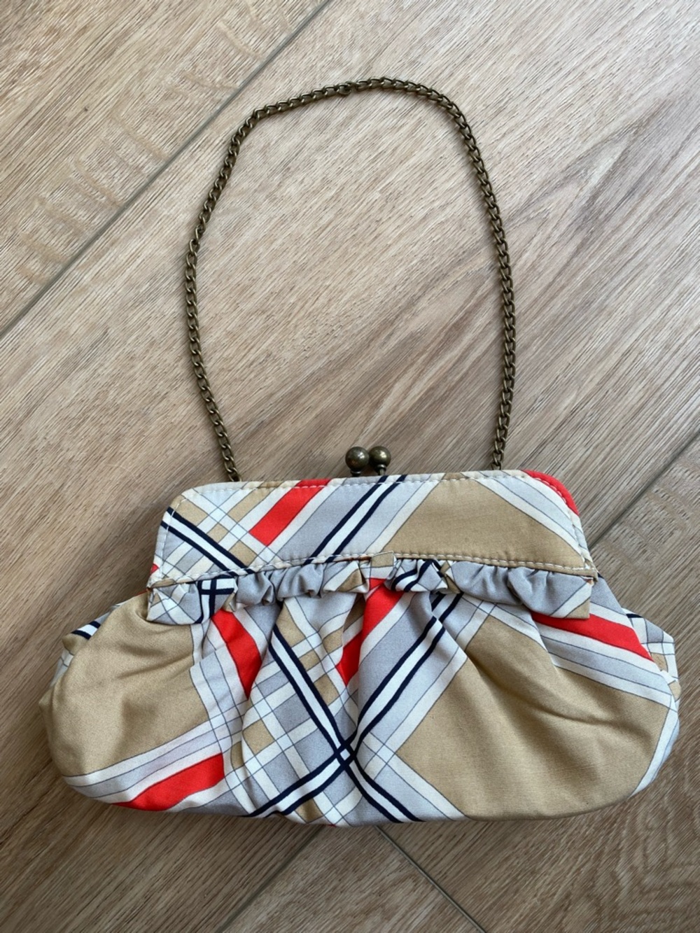 GAP Small Retro Beige Plaid Clutch with Red, and Black Accents